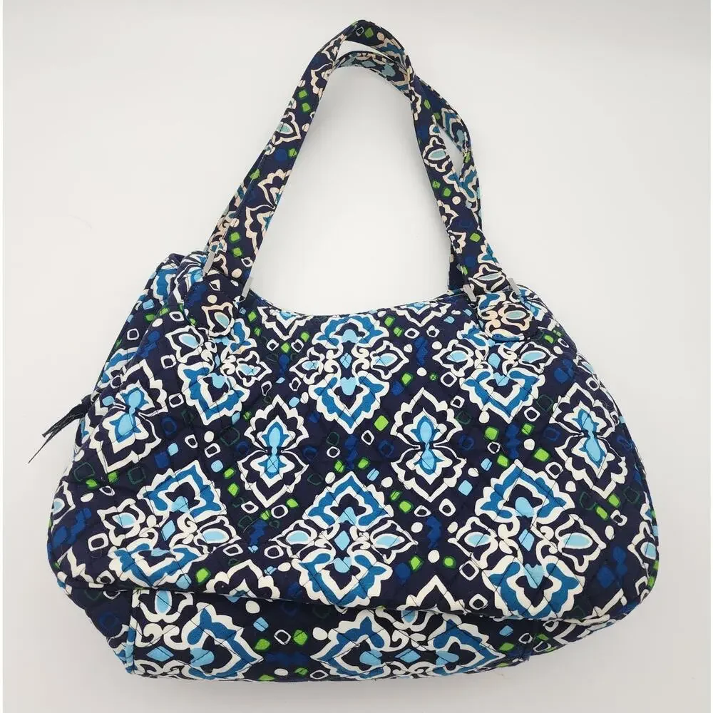 Vera Bradley Pleated Tote Ink Blue Quilted Shoulder Bag Purse Retired Pattern